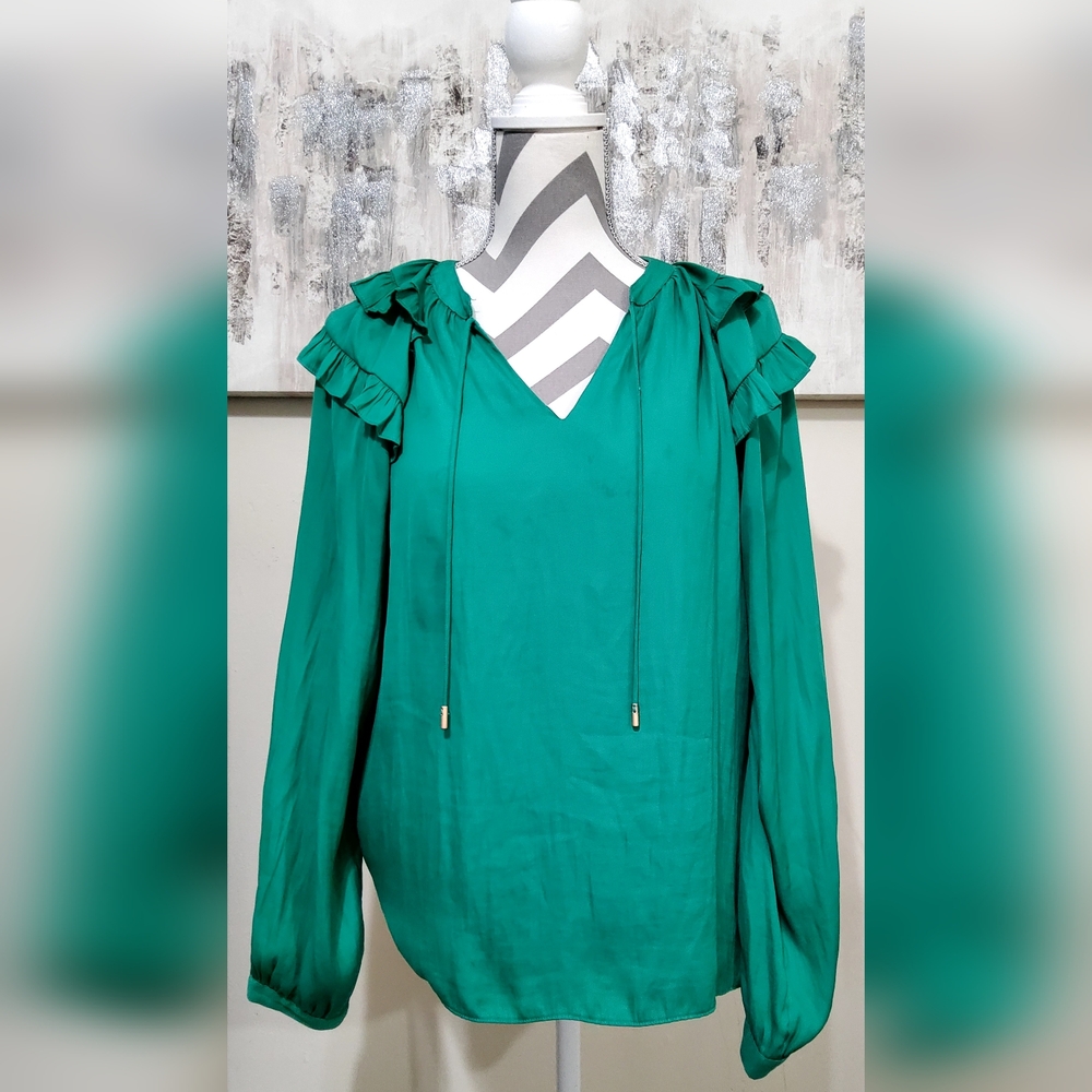 Skies Are Blue Green Puff Sleeve Ruffled Blouse